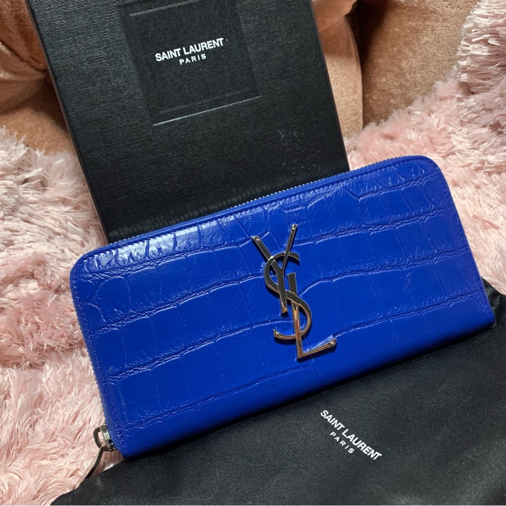 YSL Saint Laurent Classic Monogram Zip Around Wallet Crocodile Embossed Leather